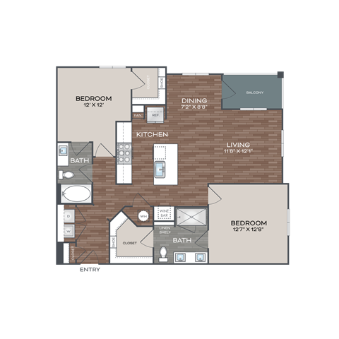 Floor plan for 2 beds, 2 baths, 1183 sqft